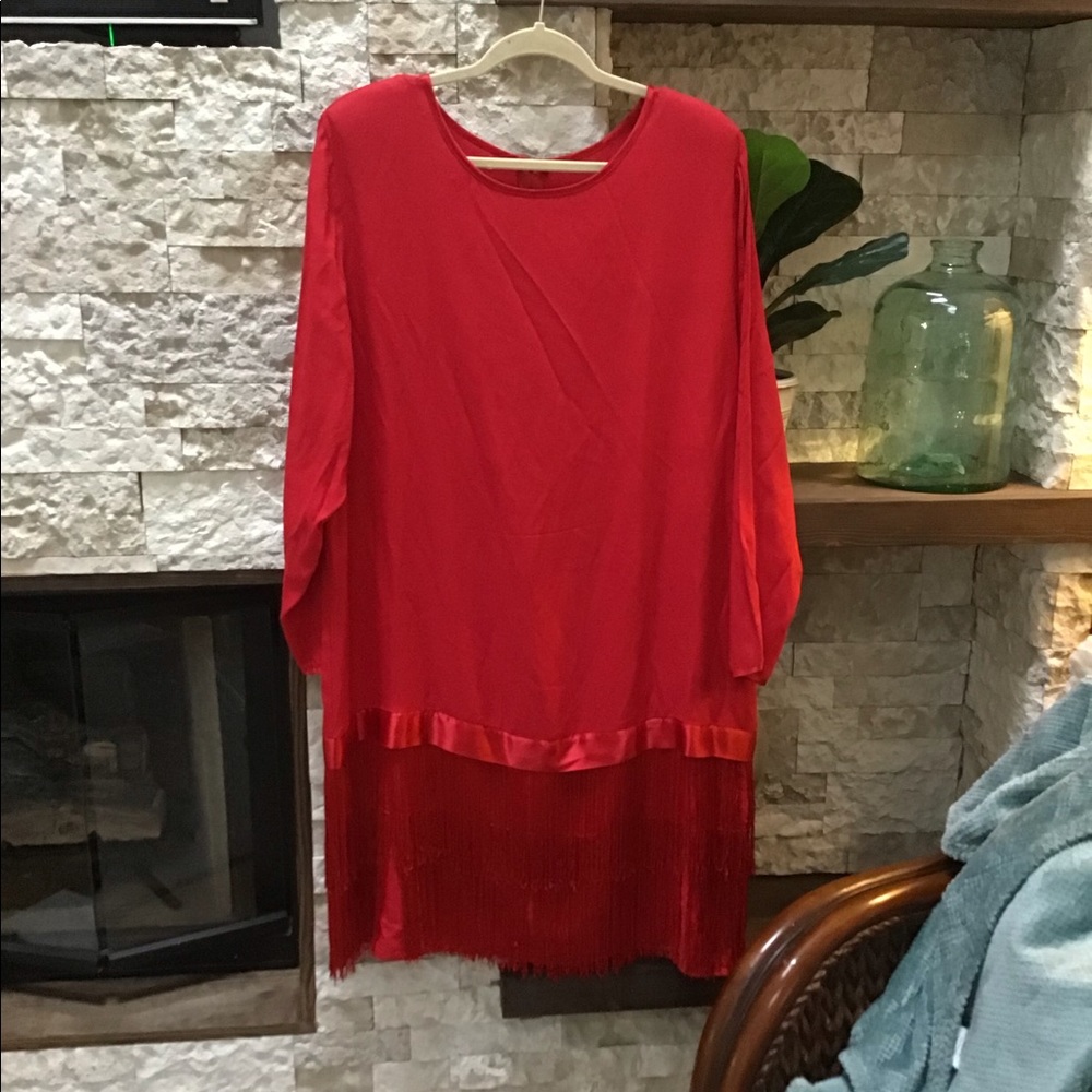 Red Long-Sleeve Fringe Shift Dress by